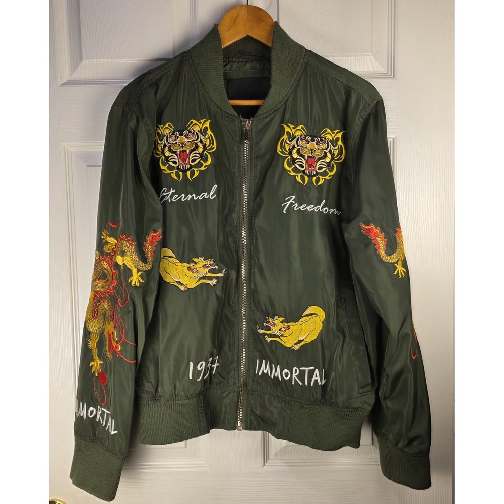 Peace Unlimited‎ NY Men's Large Lightweight Embroidered Green Bomber Jacket